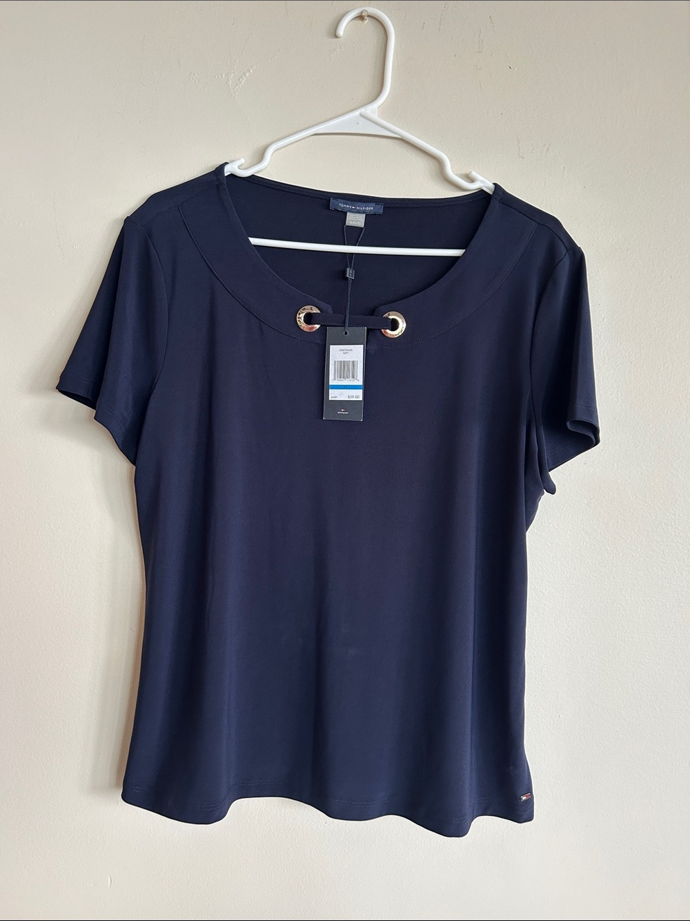 Tommy Hilfiger Navy Short Sleeve Top with Gold Ring Detail